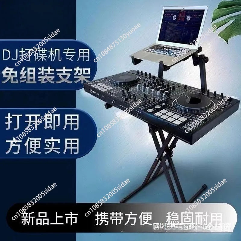 Black dj mixer with two turntables on a floor mounted movable dj stand with integrated controller no assembly required