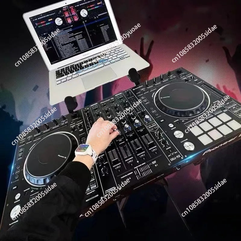 Black pioneer dj controller with silver knobs and white illuminated buttons on a movable dj stand integrated controller piano equipment stand