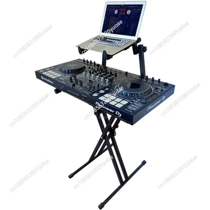 Black pioneer dj controller with two turntables on a disc maker floor mounted movable dj stand integrated controller no assembly required