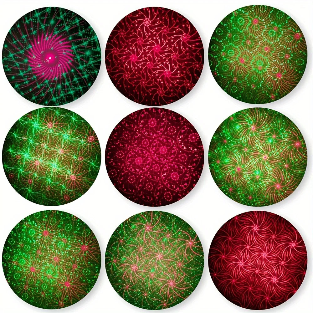Nine circular fractal art prints with glowing red and green starburst patterns for disco ball party sound activated strobe lighting