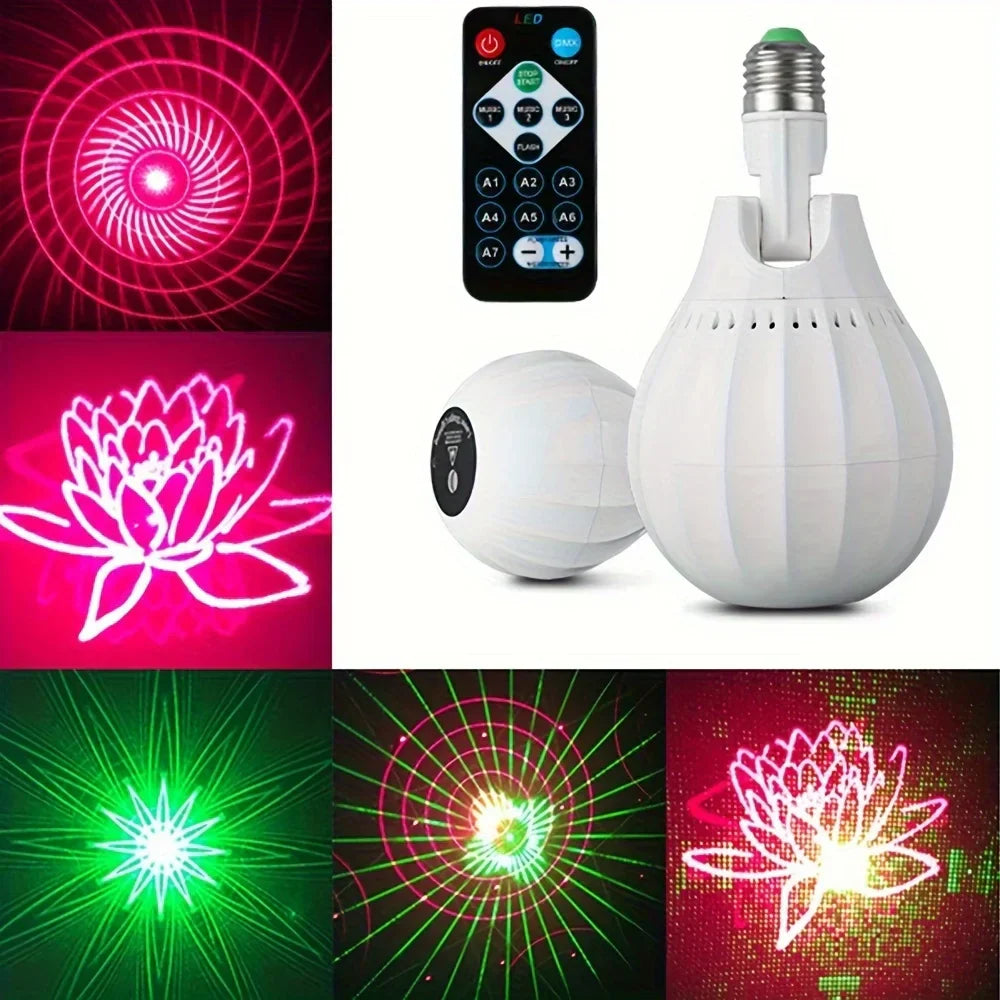 White led disco ball party light bulb with built-in laser projector and remote for sound activated strobe indoor room birthday use