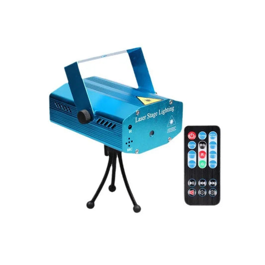 Blue metallic laser disco light projector with tripod stand and sound activated remote for party and outdoor use