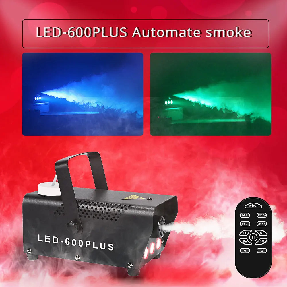 Black led-600plus wedding club fogger emitting white fog with red indicator lights and fogger dj remote control