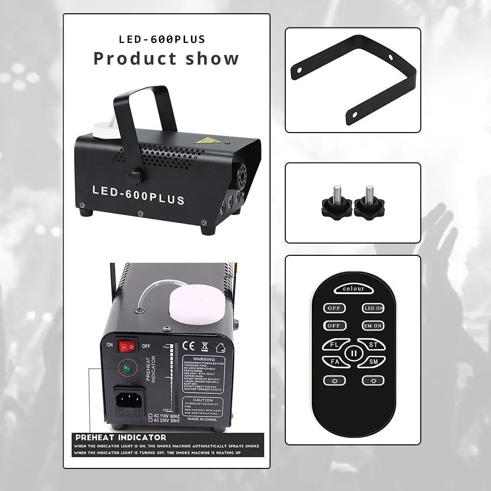 Black led-600plus wedding club fogger showing back side with handle ventilation grilles and ac 12v 60hz power input
