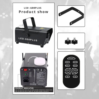 Black led-600plus wedding club fogger showing back side with handle ventilation grilles and ac 12v 60hz power input