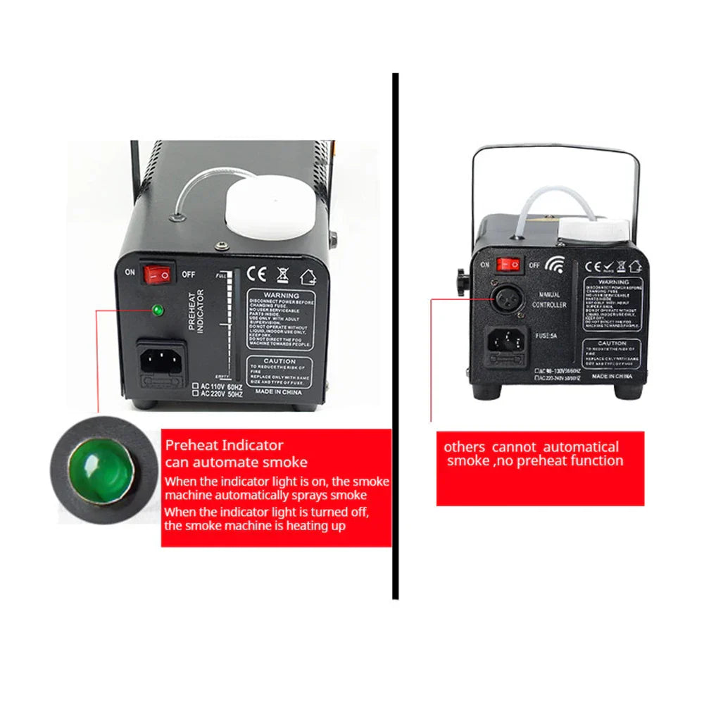 Black smoke machine led-600plus with white tank and green preheat indicator light for wedding club fogger dj remote use