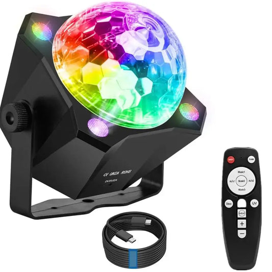 Black led disco ball party lights voice control with faceted rainbow crystal globe and remote for birthday carnival family events