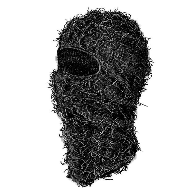 Black fuzzy camouflage distressed ski mask with textured frayed fabric knitted shiesty distress mask for men women
