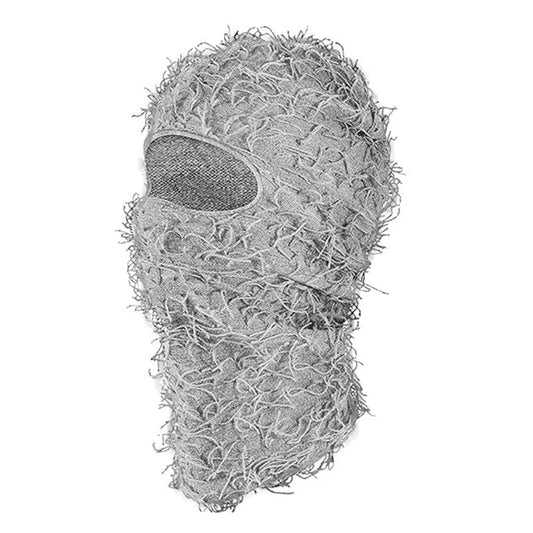 Gray camouflage distressed ski mask with mesh face opening and frayed fuzzy yeat shiesty knitted fabric for men and women
