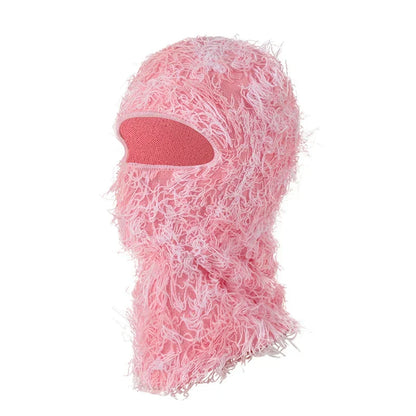 Pink fuzzy yeat shiesty distressed ski mask with textured fringed exterior and solid pink mesh eye opening for men women