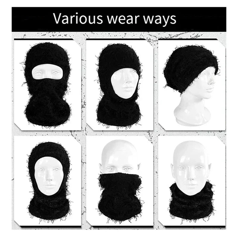Black fuzzy yeat shiesty distressed ski mask with frayed edges and high collar knitted full face shiesty distress mask