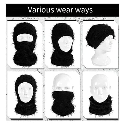 Black fuzzy yeat shiesty distressed ski mask with frayed edges and high collar knitted full face shiesty distress mask
