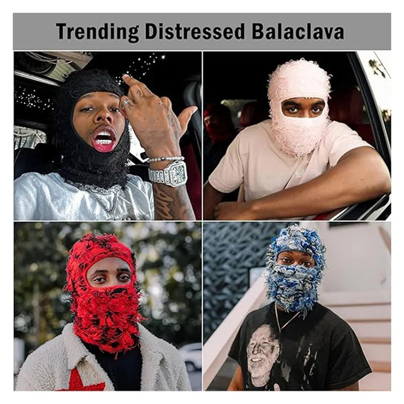 Distressed ski mask in black red and blue knit with frayed edges fuzzy yeat shiesty full face shiesty distress mask