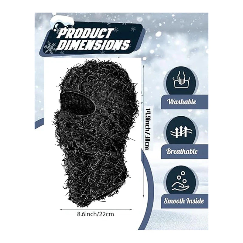 Black fuzzy yeat shiesty distressed ski mask with smooth inner lining and eye cutouts for men and women
