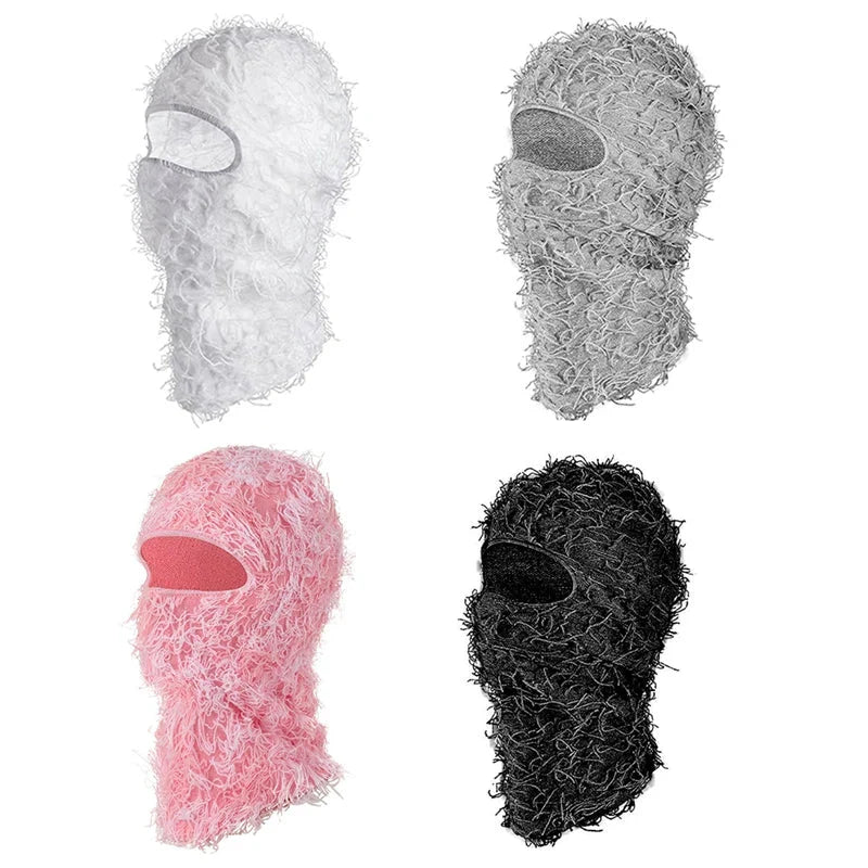 Distressed ski mask full face knitted fuzzy yeat shiesty shiesty distress mask in white gray pink and black colors