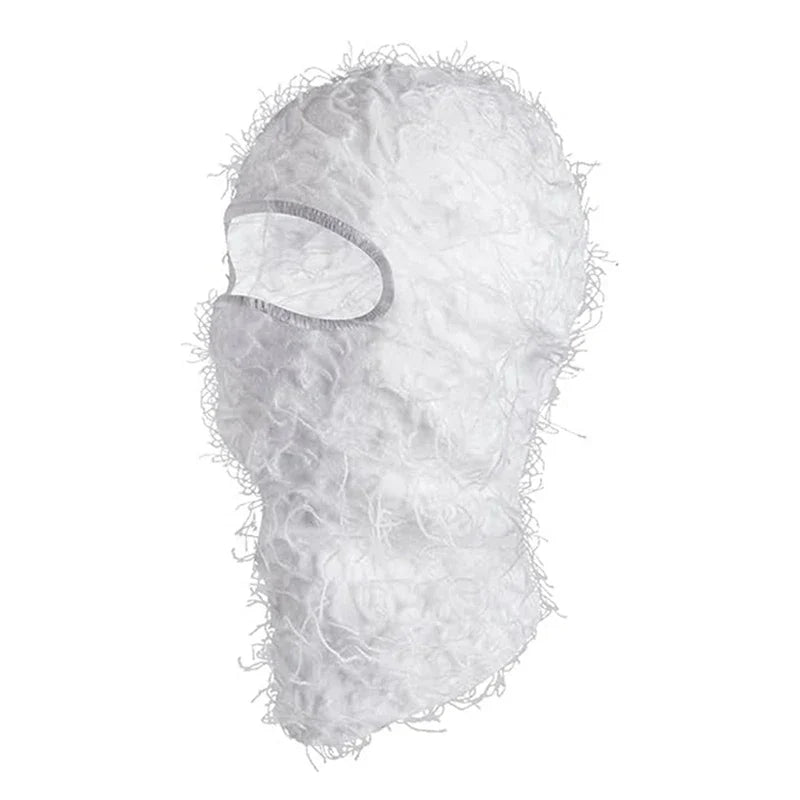 White fluffy textured knitted distressed ski mask with mesh eye opening fuzzy yeat shiesty shiesty distress mask