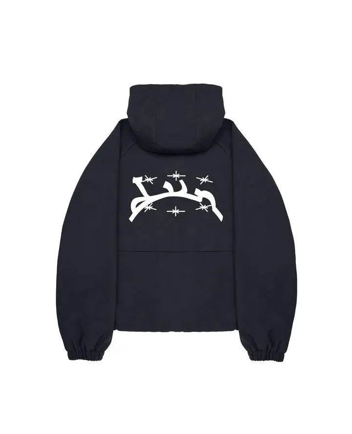 Black hooded sweatshirt back with white arabic script and starburst graphics featuring divin hoodie y2k harajuku hip hop style