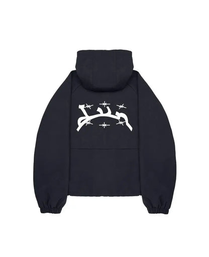 Black hooded sweatshirt back with white arabic script and starburst graphics featuring divin hoodie y2k harajuku hip hop style