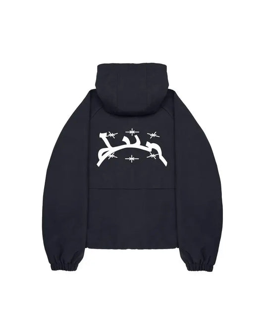 Back view of black divin hoodie y2k with white arabic script and starburst graphic print oversized harajuku hip hop sweatshirt