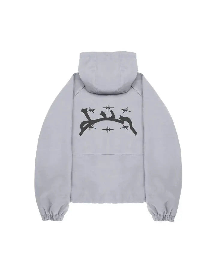 Light gray divin hoodie y2k oversized sweatshirt with black barbed wire star graphic on back harajuku hip hop style