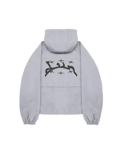 Light gray divin hoodie y2k oversized sweatshirt with black barbed wire star graphic on back harajuku hip hop style