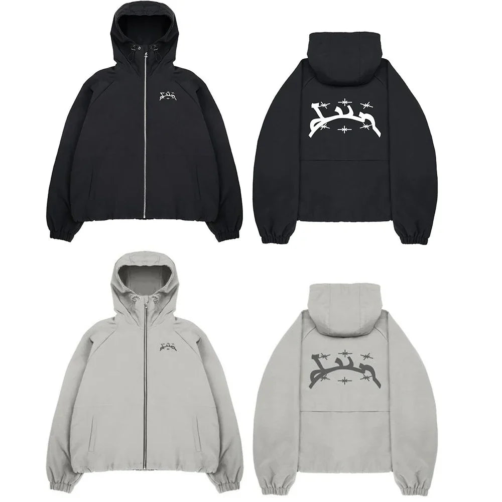 Black and gray divin hoodie y2k zip-up with bold white graphic print oversized for harajuku hip hop style