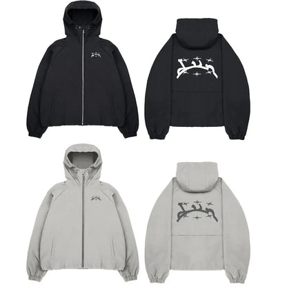 Black and gray divin hoodie y2k zip-up jackets with bold white and dark striped graphic print for harajuku hip hop style