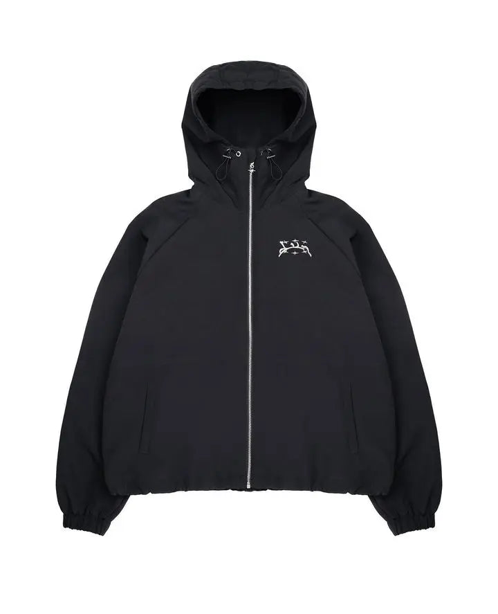 Black hooded zip-up jacket with subtle white embroidered logo featuring divin hoodie y2k harajuku hip hop style