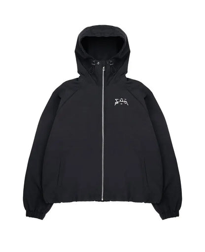 Black hooded zip-up jacket with subtle white embroidered logo featuring divin hoodie y2k harajuku hip hop style