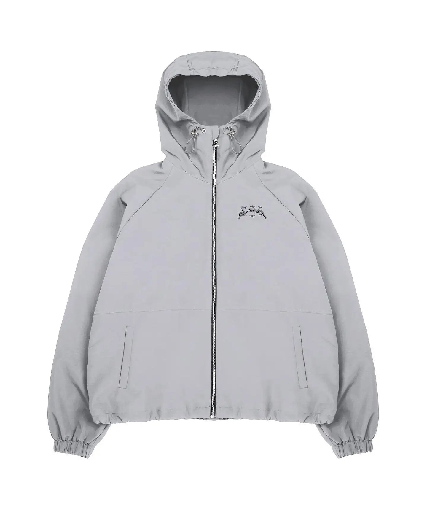Light gray divin hoodie y2k with front zipper elastic cuffs hem and small black logo perfect for harajuku hip hop style