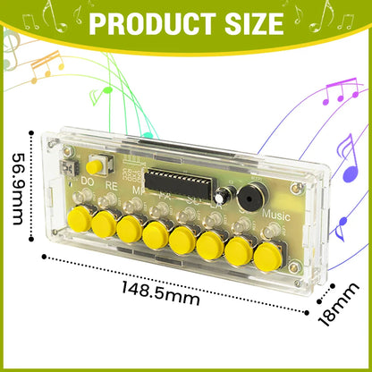 Clear plastic case housing a diy keys electronic piano kit with eight bright yellow circular buttons for assembly practice