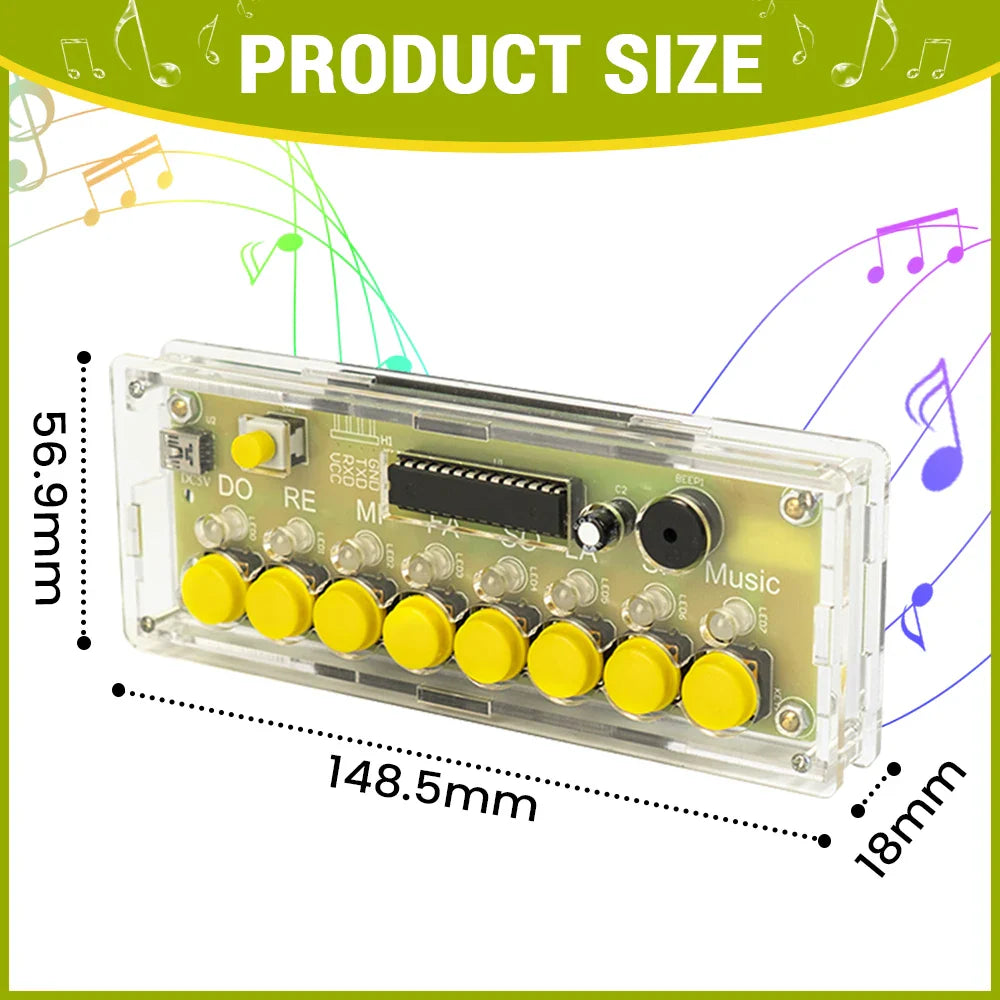 Clear plastic case housing a keys electronic piano kit with eight bright yellow circular buttons for soldering practice
