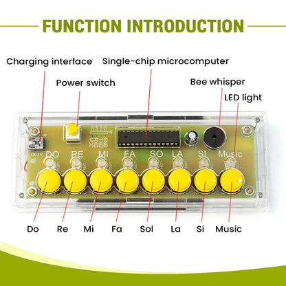 Clear plastic keys electronic piano kit with eight yellow circular buttons do to si and music for soldering practice assembly