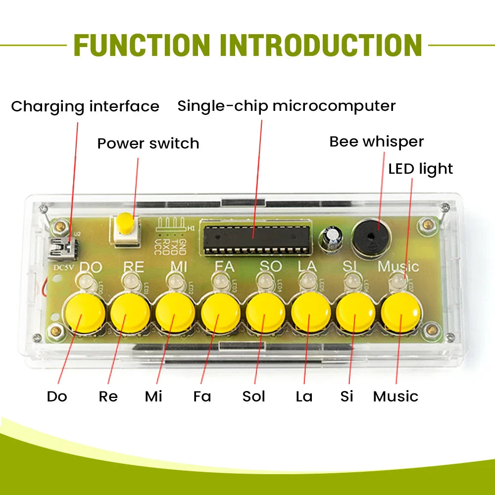 Clear plastic keys electronic piano kit with eight yellow buttons labeled do through si music and power switch speaker led light