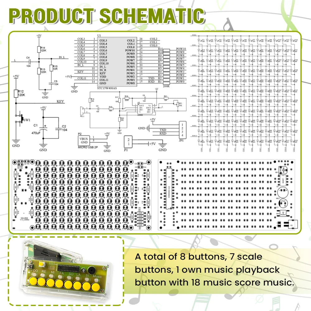 Yellow button panel with 8 keys including 7 scale buttons and 1 music playback for keys electronic piano kit assembly