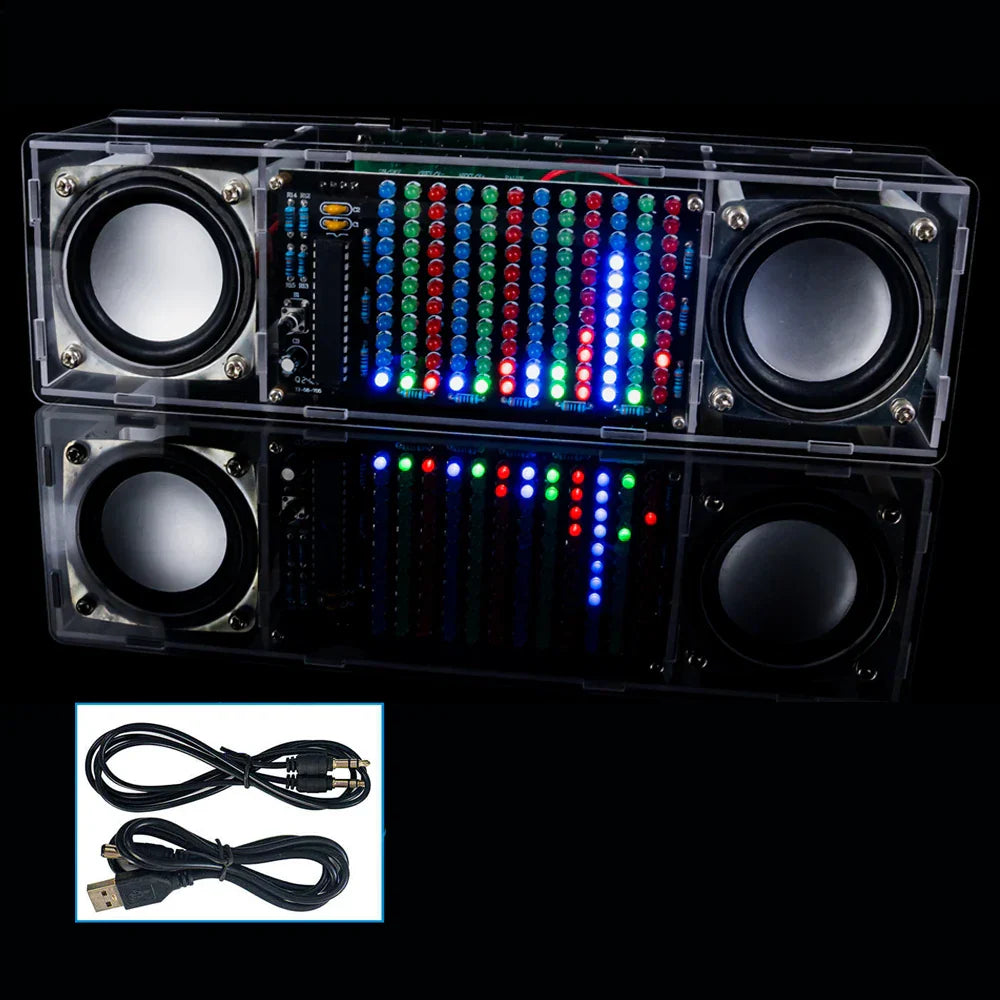 Clear acrylic diy bluetooth speaker kit electronic with two black drivers and colorful led amplifier dc5v lights in vertical array