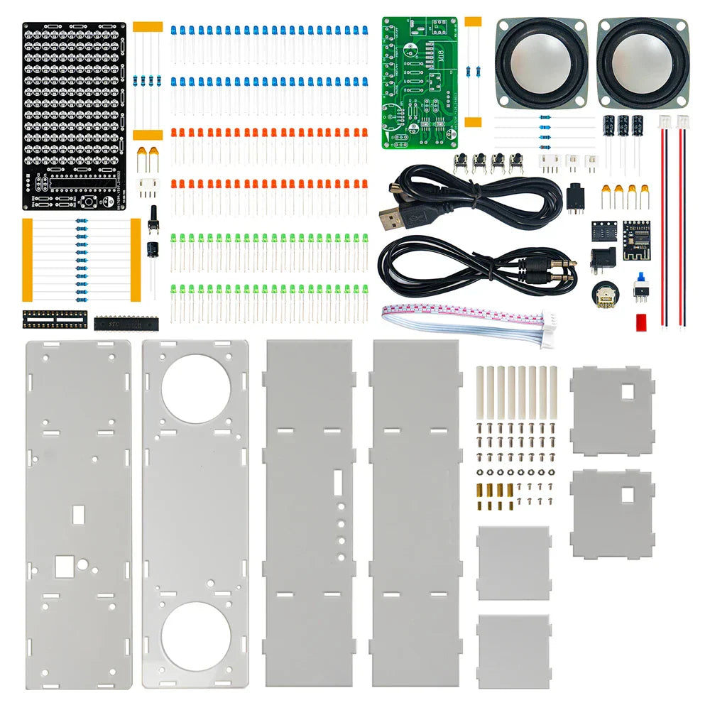 Gray metal chassis with circular cutouts and mounting holes for diy bluetooth speaker kit electronic dual channel soldering use