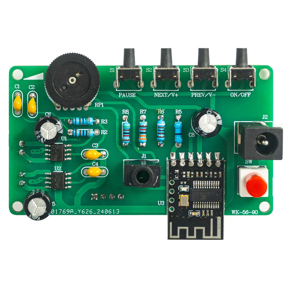 Green circuit board with black knob, labeled switches, resistors, red button, wifi module in diy bluetooth speaker kit electronic dual channel soldering use