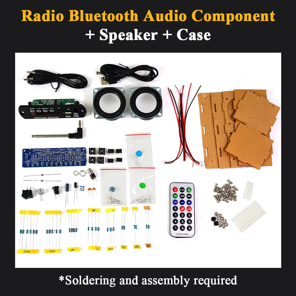 Diy bluetooth speaker kit with black speaker drivers blue circuit board and orange case for soldering project