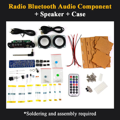 Diy bluetooth speaker kit with black speaker drivers blue circuit board and orange case for soldering project