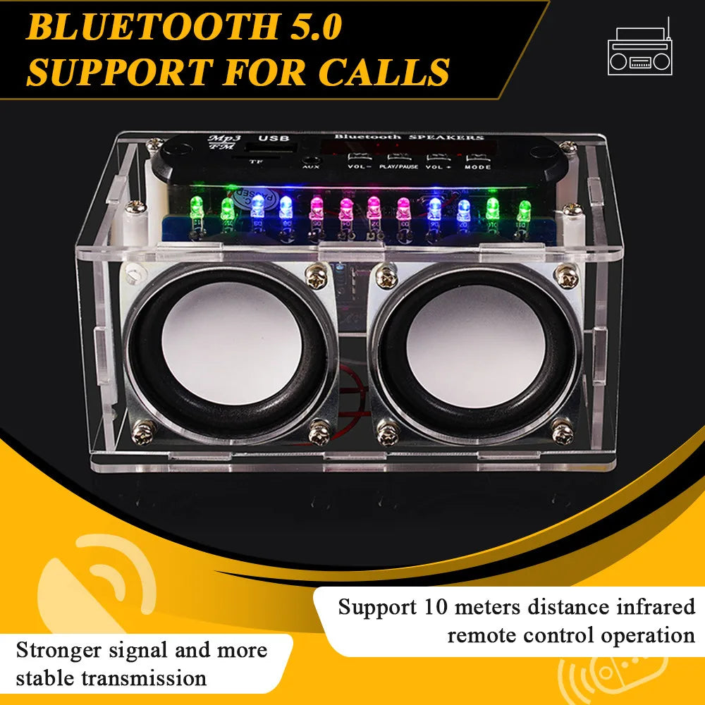 Clear acrylic diy bluetooth speaker kit with dual black drivers and colorful led lights for diy soldering project