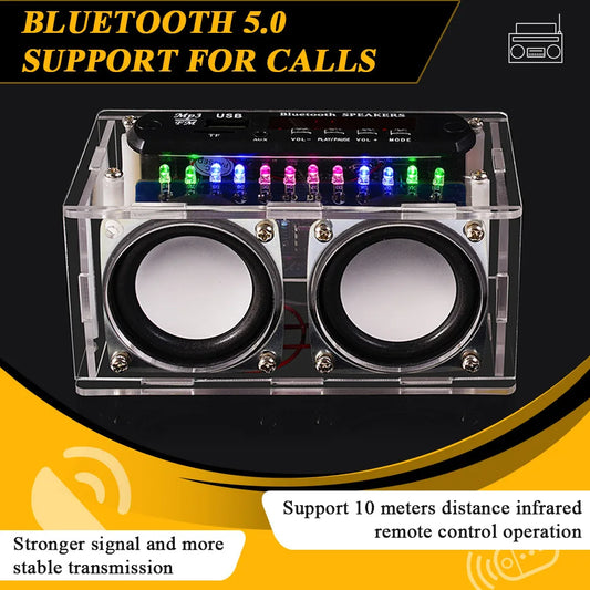 Clear acrylic diy bluetooth speaker kit with dual black drivers and colorful led lights for diy soldering project
