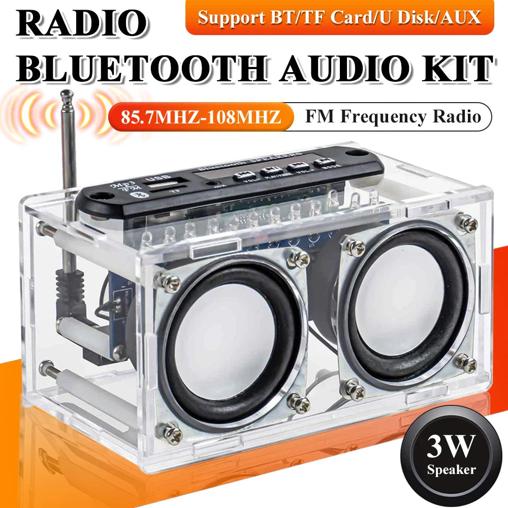 Clear acrylic diy bluetooth speaker kit with black speakers and control panel for diy soldering project assembly