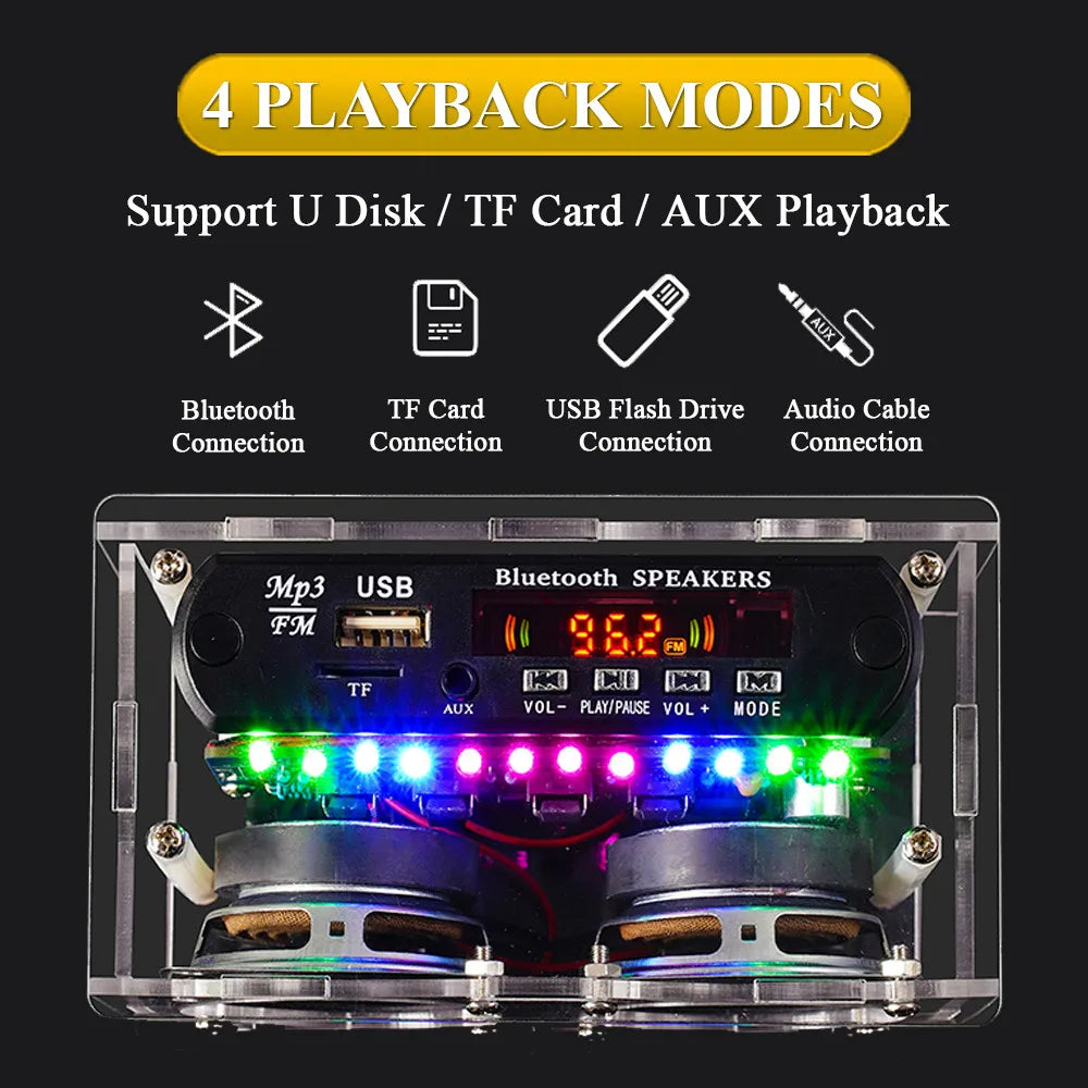 Clear plastic diy bluetooth speaker kit with dual speakers colorful led lights and multiple connectivity ports for soldering project
