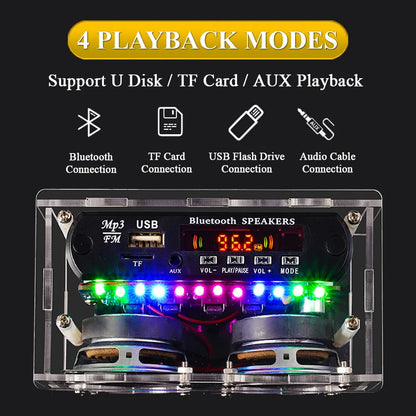 Clear plastic diy bluetooth speaker kit with dual speakers colorful led lights and multiple connectivity ports for soldering project