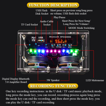 Clear plastic diy bluetooth speaker kit with dual 3w speakers colorful led lights and digital display for diy soldering project