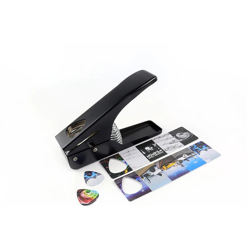 Black plastic guitar pick punch with spring mechanism for diy guitar pick making from recycled cards for acoustic electric bass