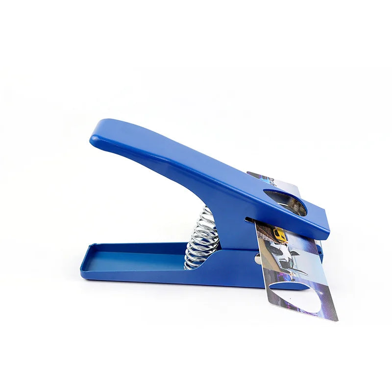 Blue plastic guitar pick punch with spring handle for diy guitar pick making from recycled cards for acoustic electric bass