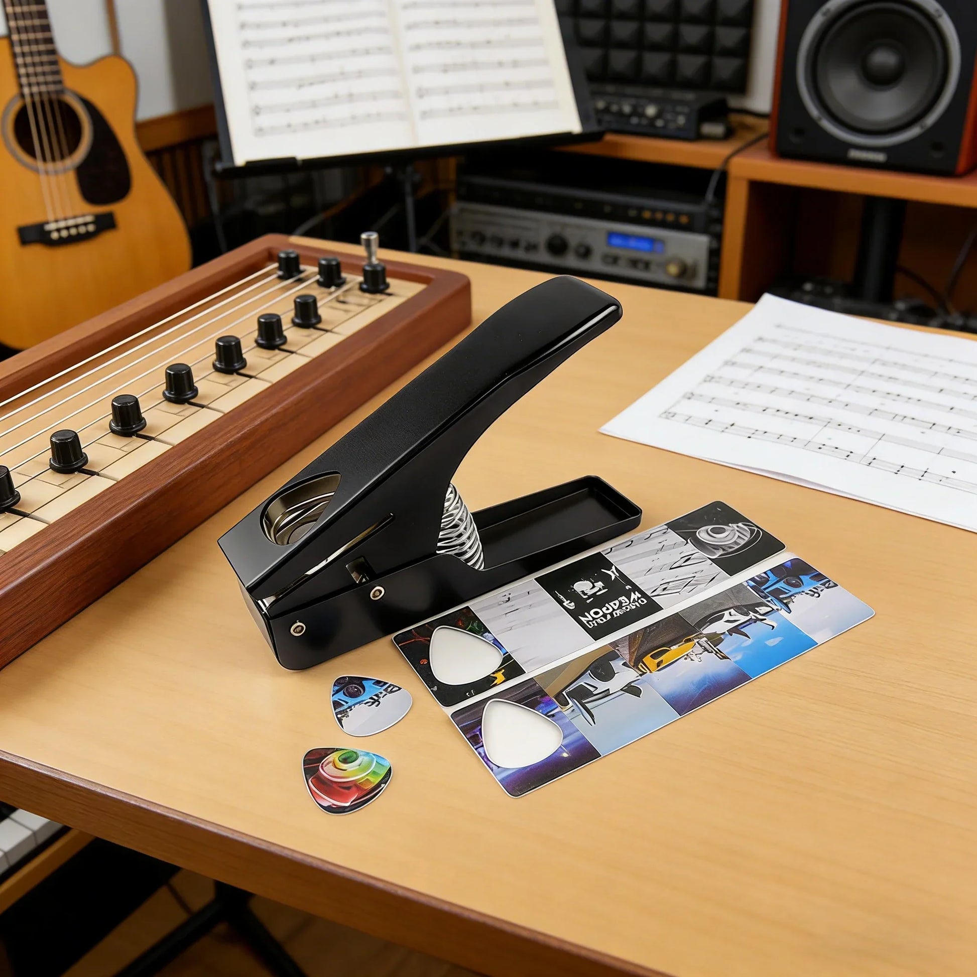 Black metal guitar pick punch with ergonomic handle and spring mechanism for diy guitar pick making acoustic electric bass