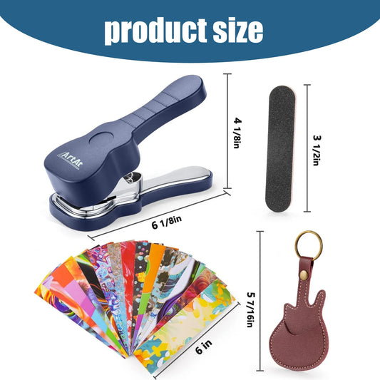 Blue guitar pick punch made of recycled plastic with silver accents for diy guitar pick acoustic electric bass use